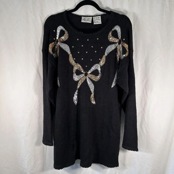 Kathie Lee Sweater Women's Large Black Knit Sequin Bows - Picture 1 of 10